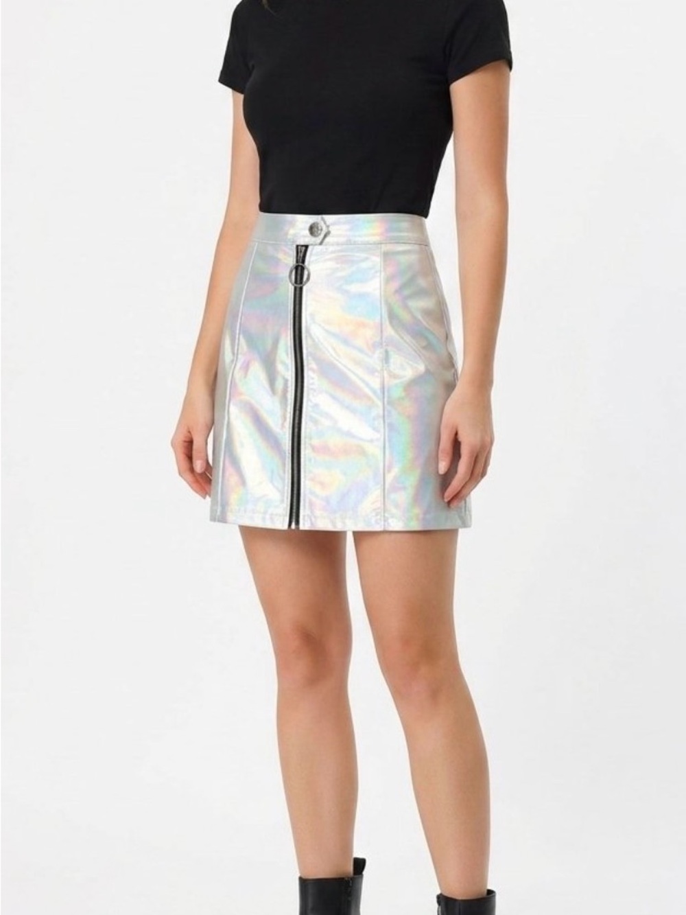 NWT AllegraK Shiny Iridescent Metallic Mini Skirt Sz M Silver Zip Front Festival